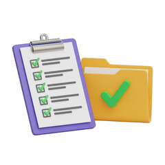 3d rendering of a clipboard checklist and folder with a green check mark symbol transparent background