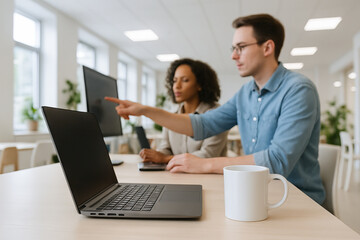 Coworking space with laptop and colleagues working together on a collaborative project in a modern office setting. concept of teamwork, technology, professional environment
