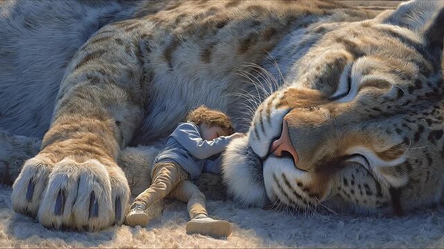 Dreamlike Bond: Child Napping Peacefully with Giant Cat, Surreal Scene