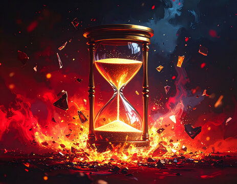 Dramatic Fiery Hourglass - Sands of Time Burning Amidst Chaotic Destruction and Embers.