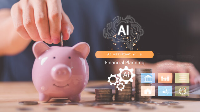 AI assistant for financial planning, piggy bank savings, and stacked coins symbolizing retirement planning, smart investment, and future wealth security with digital technology.