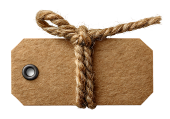 Isolated blank kraft paper tag, a rectangular price ag with a reinforced hole nd natural jute twine