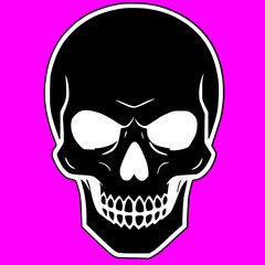 Black skull icon logo, tattoo, sticker halloween isolated purple background