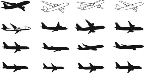 airplane silhouette vector, passenger aircraft outline, commercial jet plane, aviation transport design, airliner profile illustration, travel airplane icon, jet plane silhouette,