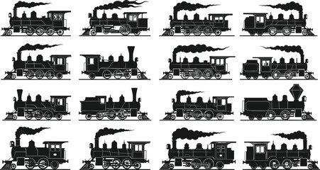 Vintage steam locomotive silhouettes, retro train icons, classic railway engine designs, old-fashioned transportation, historical rail travel, antique steam train vector set © KRISNARANI