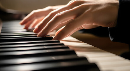 Obraz premium Graceful hands expertly play piano keys creating beautiful melodies with soft lighting