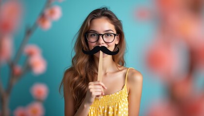 Playful girl with a fake mustache against a floral backdrop