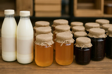 Fresh farm market products display with milk bottles and jars of honey and jam in rustic setting. concept of natural goods, homemade preserves, rustic market decor