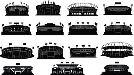 Black and white stadium silhouette icons, sports arena vector set, football and soccer venue illustration, architectural design collection, isolated graphic bundle © KRISNARANI