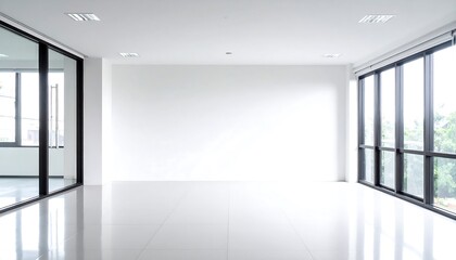 Obraz premium An empty, modern office space with large windows, showcasing a clean and minimalist design.