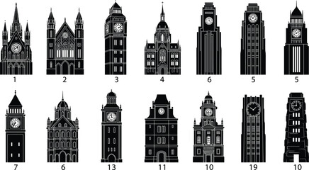 Silhouette, iconic, famous, world, clock, towers, landmarks, architecture, skyline, historic, buildings, travel, tourism, heritage, monument, cityscape, vintage,