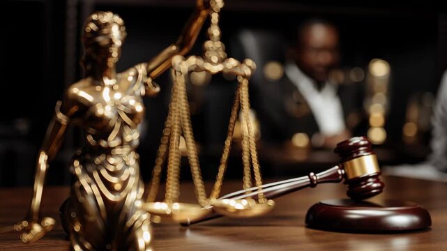 Symbol of justice in courtroom setting showcasing law and order in action