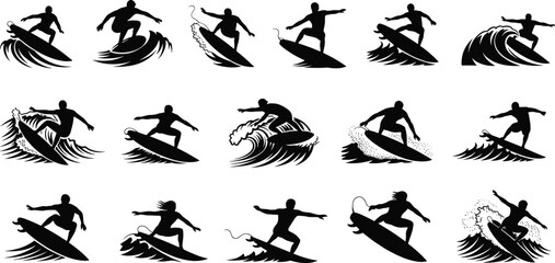 Surfer silhouettes, surfing poses, wave riding, extreme sport, ocean waves, surf tricks, beach lifestyle, water sports, summer adventure, coastal culture