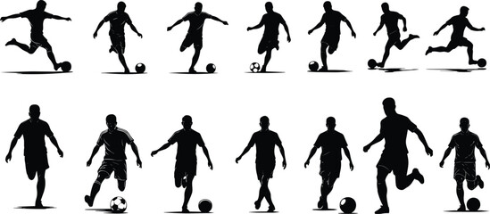 Soccer player silhouette, football action poses, kicking ball, dribbling skills, running athlete, sports training, dynamic movement, black figure, game illustration, vector art