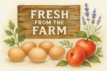 Watercolor illustration of fresh farm products with eggs, apples, and rustic wood sign. concept of organic produce, natural ingredients, farmers market, harvest season