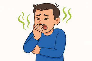 Illustration of man with bad breath covering mouth and looking uncomfortable with green smell lines. Concept of halitosis, oral hygiene problem, dental health, unpleasant odor