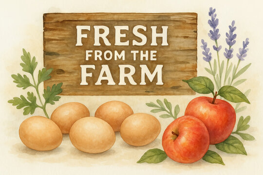 Watercolor illustration of fresh farm products with eggs, apples, and rustic wood sign. concept of organic produce, natural ingredients, farmers market, harvest season
