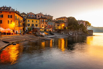 Sunset view of Varenna town situated at lake Como in Italy
