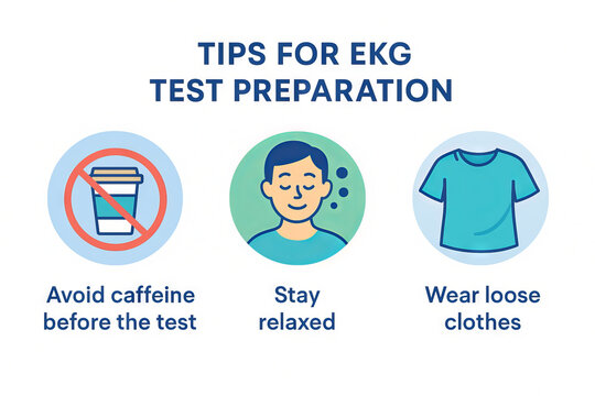 EKG test preparation medical infographic, patient instructions for electrocardiogram, cardiology diagnostic, heart health examination guidance. Illustration of diagnostic test instructions.