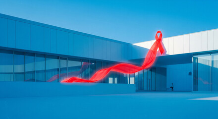 Naklejka premium A Luminous Red Ribbon Unfurling from an Abstract Building