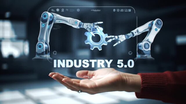 Person holding a hologram of collaborative robots. Industry 5.0 concept.