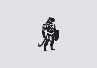 A simple minimalist panther in gladiator armor silhouette style, symbolizing agility, ferocity, and fearless combat spirit