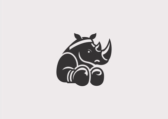 A simple minimalist rhino in boxing gloves and sports headband silhouette style, representing resilience, stamina, and unstoppable determination