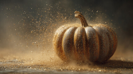 Golden pumpkin dissolving into sparkling dust under soft light, creating a magical autumn atmosphere with shimmering particles.