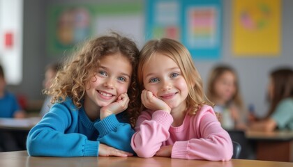 Fototapeta premium Two cheerful girls sharing a joyful moment in a colorful classroom
