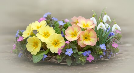 Vibrant spring floral arrangement with primroses and snowdrops bringing cheer indoors