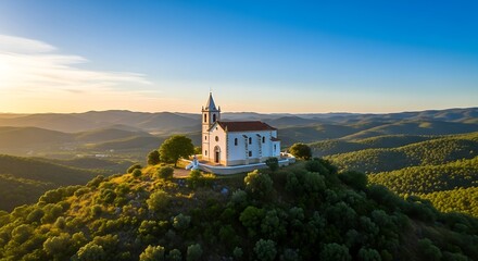 Serene Hilltop Church Landscape.