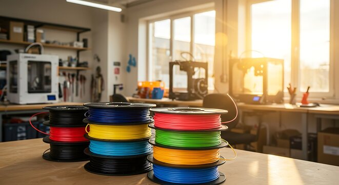 Vibrant stacks of 3D printer filament spools in a workshop bathed in sunlight