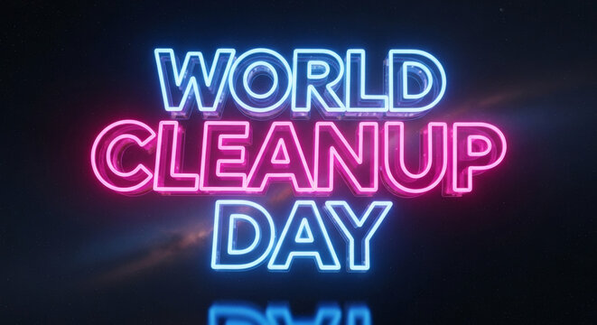 A vibrant neon sign with blue and pink glowing text celebrating World Cleanup Day on a dark background.