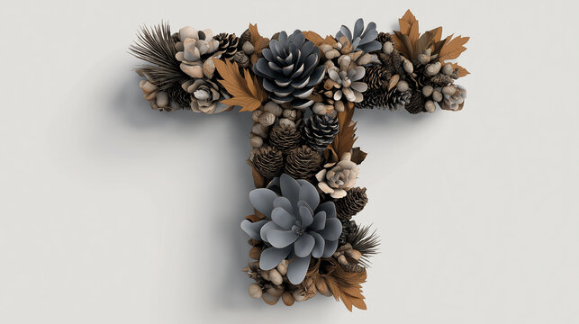 A gray letter "T" decorated with autumn leaves, creating a seasonal and visually appealing fall-themed design.
