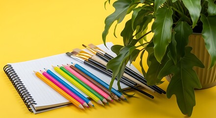 Vibrant Art Supplies Beside Lush Plant.