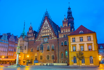 Sunrise view of town hall at Rynek, the picturesque square in ce