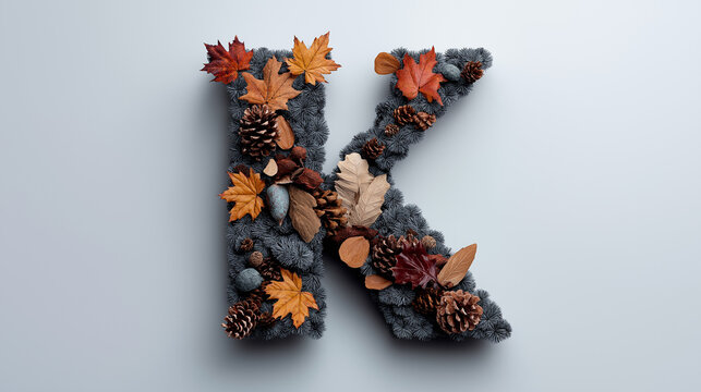 A gray letter "K" decorated with autumn leaves, creating a seasonal and visually appealing fall-themed design. - Powered by Adobe