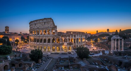 Fototapeta premium Rome's Colosseum illuminated against the evening sky offering a timeless view of ancient
