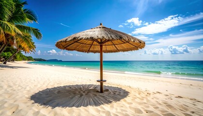 A tranquil beach scene showcases a thatched umbrella on the white sand, bathed in the warm sunlight of a clear day.
