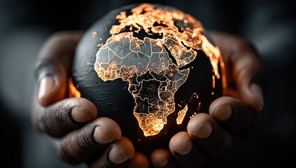 Earth, held gently in hands, glowing African continent