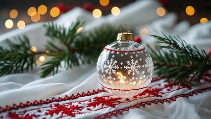 Clear glass Christmas snowflake ornament on bokeh holiday background 