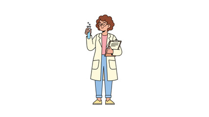 A focused female scientist diligently conducts an experiment in a laboratory, carefully holding a test tube and clipboard, embodying scientific research, discovery, and innovation