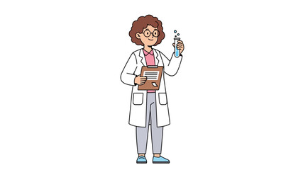 Focused female scientist character in a lab coat diligently conducting a chemistry experiment, holding a test tube and a clipboard, symbolizing scientific research and discovery