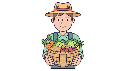 Smiling cartoon farmer proudly presents his bountiful harvest of fresh, organic vegetables in a rustic woven basket, embodying healthy eating and sustainable agriculture