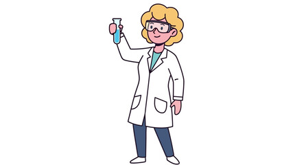 A cheerful female scientist illustration, in a lab coat and goggles, holds a test tube with blue liquid, symbolizing scientific research, chemical experiments, and discovery in a laboratory