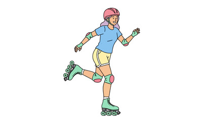 Cheerful young woman glides gracefully on rollerblades, fully equipped with a helmet and protective pads, embodying an active and fun recreational pursuit