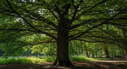 Fototapeta premium Majestic Old Tree in a Sunlit Forest.
