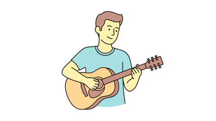 Young Man Enthusiastically Playing Acoustic Guitar, Enjoying His Musical Hobby and Creating Melodies with Passion and Skill