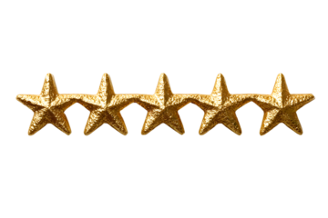 Five golden stars represent a five-star rating on a ransparent background, symolizing positive feedback nd customer satisfaction