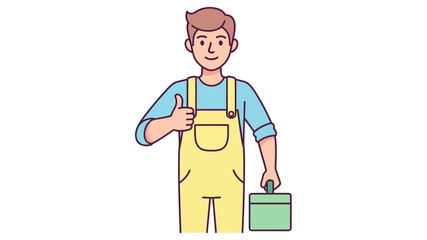 Smiling male service professional in work overalls gives a confident thumbs-up gesture, holding a green toolbox, symbolizing excellent work and customer satisfaction